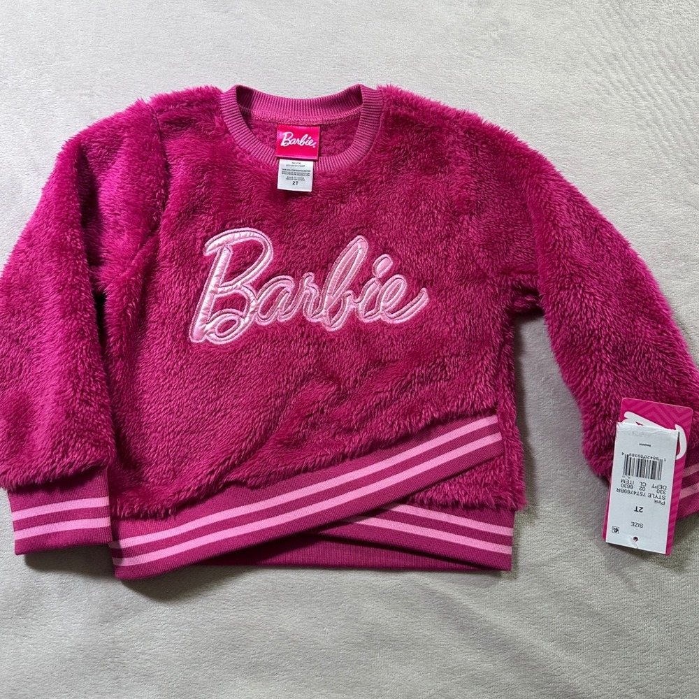 Barbie Girls Pink Fuzzy Fleece Sweatshirt Embroidered Logo 2T Soft
